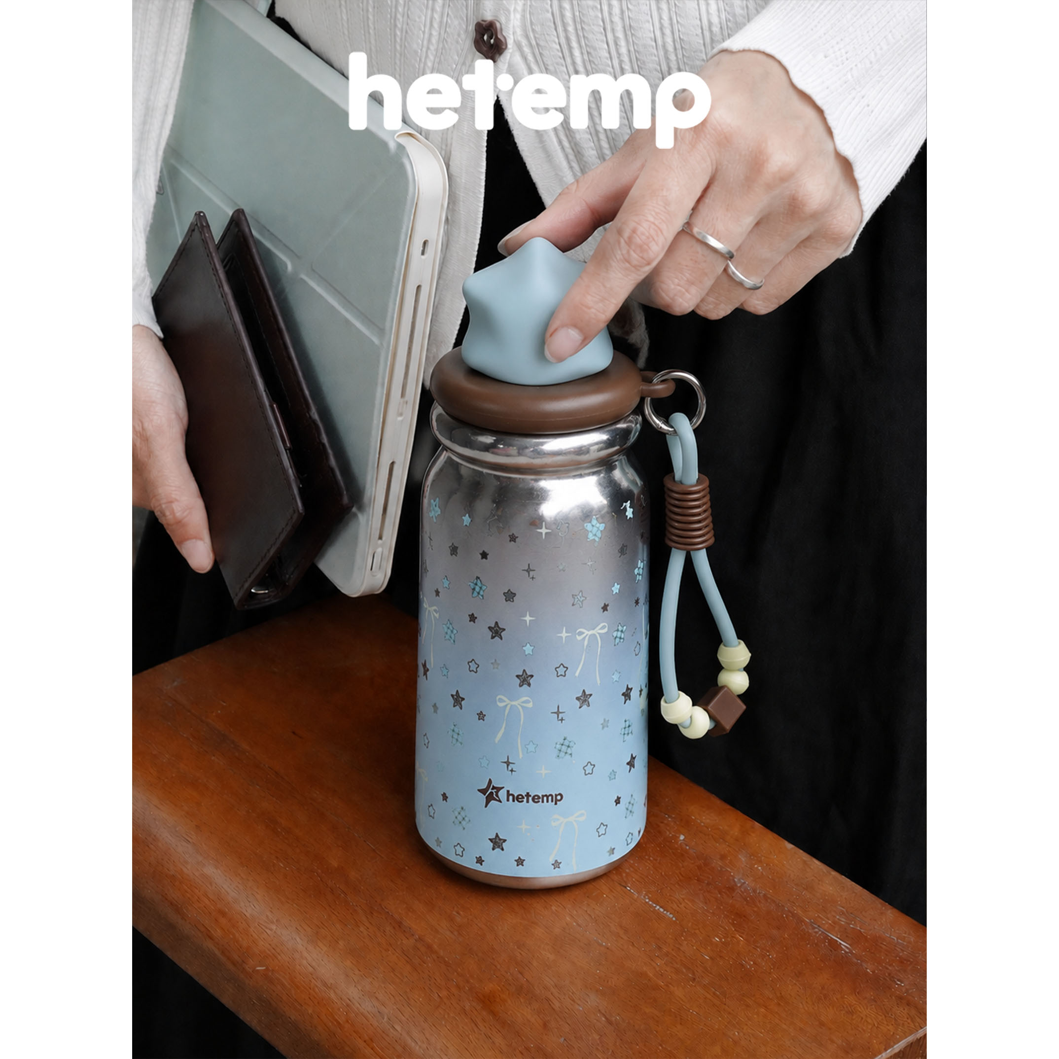 hetemp薄巧星星纯钛保温杯女生高颜值杯子渐变钛杯水杯便携吸管杯