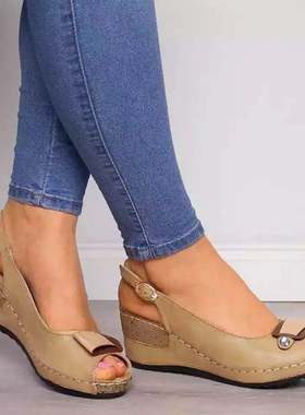 wish独立站欧美2020夏季外贸大码女鞋热卖坡跟高跟鱼嘴扣带凉鞋女