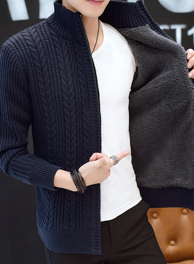 开衫毛衣男士加绒加厚韩版拉链针织衫外套带绒高领秋冬季男装潮流