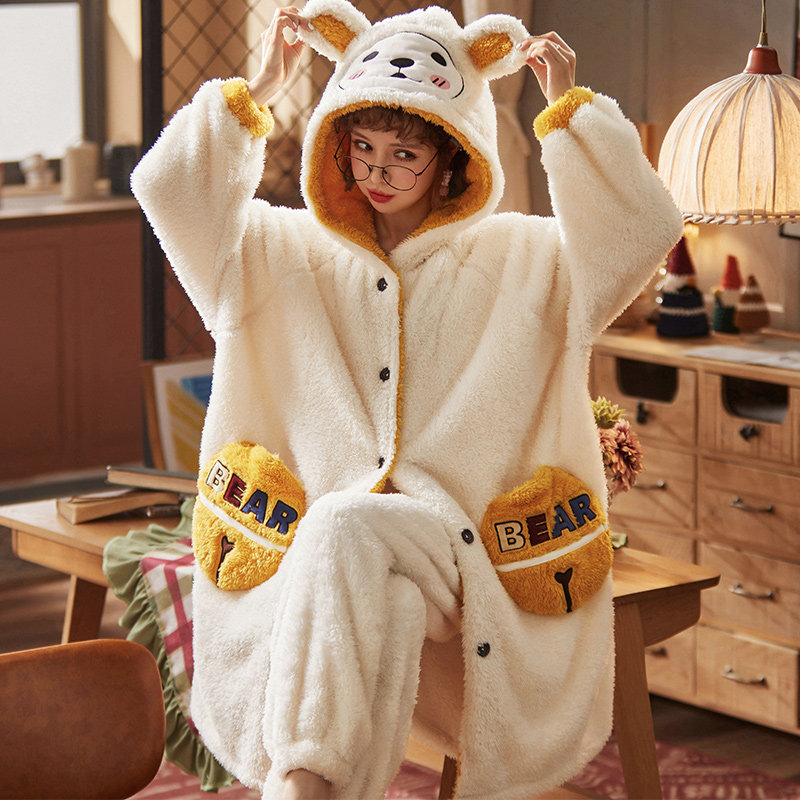 睡袍女秋冬长款加厚加绒浴袍珊瑚绒睡衣法兰绒睡裙大码胖mm家居服