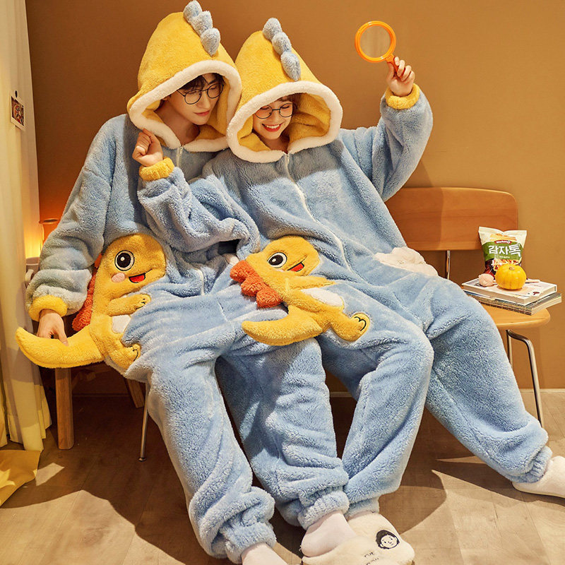 连体情侣睡衣秋冬季加厚珊瑚绒女士可爱恐龙法兰绒家居服男式如厕