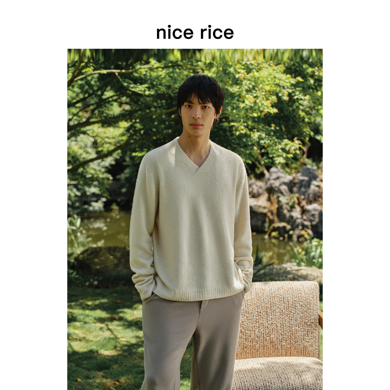 nicerice好饭绵羊毛混纺V领毛衣