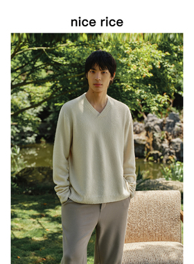 nice rice好饭 美丽奴羊毛混纺交叠V领直身套头毛衣男NGD05089