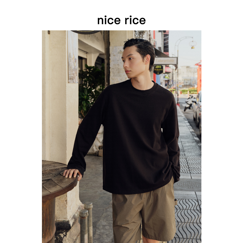 nice rice好饭 24SS全棉袖口磨破圆领长袖T恤[商场同款]NGC02023 男装 T恤 原图主图