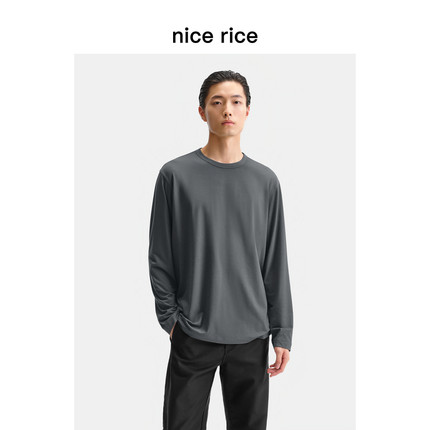 nice rice好饭 25冬季新品98G微弹圆领包边直身长袖T恤男NHD02027