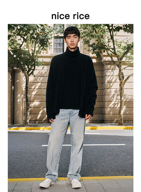 nice rice好饭 全棉水洗做旧12.8盎司休闲宽松直筒牛仔裤NFD13073