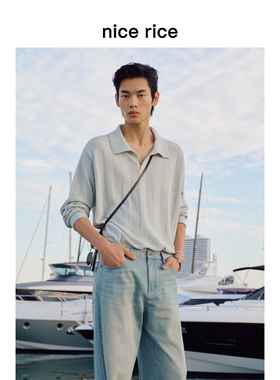 nice rice好饭 26春季新品宽松翻领暗条纹套头针织衫男NIC05102