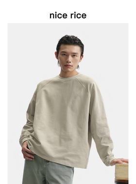 nice rice好饭 春季全棉229G插肩袖宽松纯色男士长袖T恤NHC02121