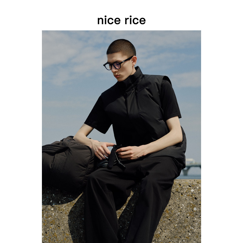 nice rice好饭 r.系列白鸭绒拉链口袋宽松高领羽绒马甲男NHD10094