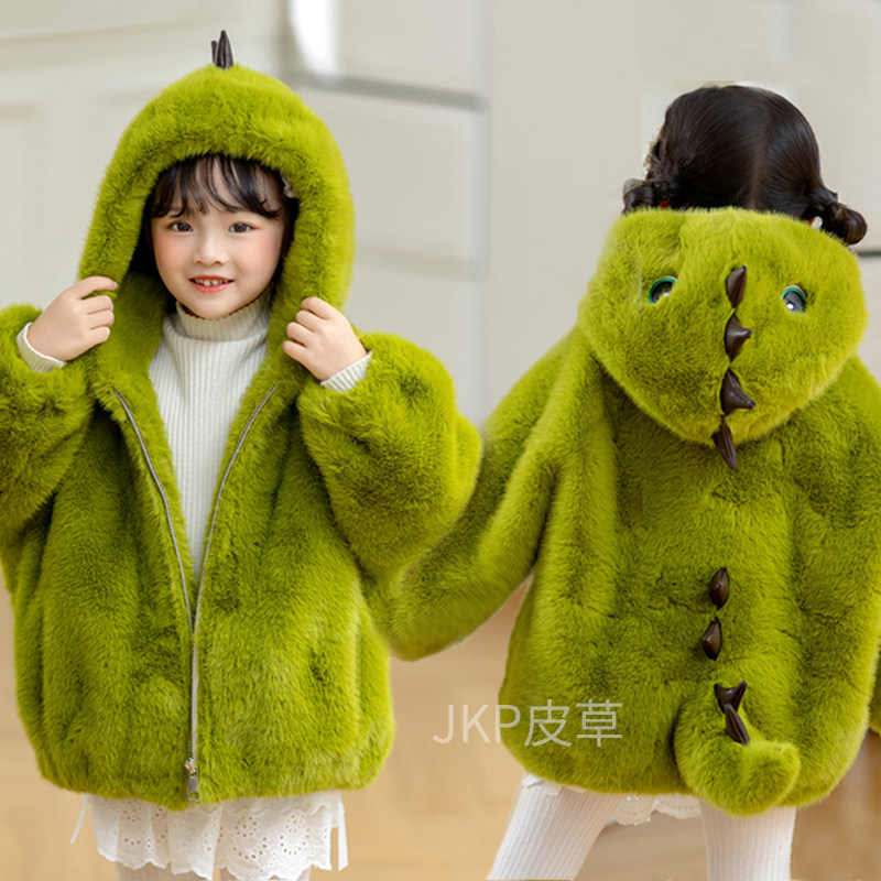 女童毛绒外套秋冬款儿童洋气卡通仿皮草大衣宝宝加绒绿恐龙毛毛衣,童装/婴儿装/亲子装,皮草/仿皮草,淘宝优惠券,粉丝福利购,淘宝优惠卷