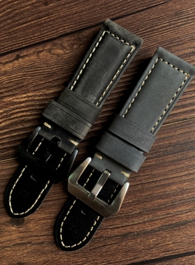 24mm 26mm复古深灰色疯马皮磨砂真皮手表带适配沛纳海胖大海表链