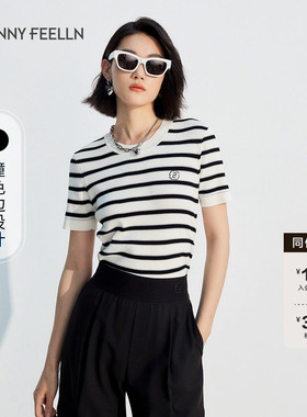 商场同款FF||仿佛夏季条纹针织衫女T恤短袖修身显瘦