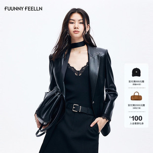 西装 FF仿佛短外套女2026春季 口时尚 仿皮革皮衣蕾丝袖 外套 新款