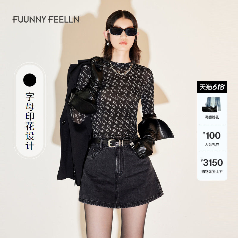 商场同款FF||仿佛2025春夏季黑色长袖T恤女圆领印花修身显瘦