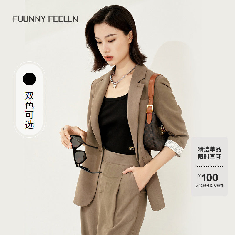 商场同款FF||仿佛春秋季卡其色直筒七分袖外套休闲西装女气质,女装/女士精品,西装,淘宝优惠券,粉丝福利购,淘宝优惠卷
