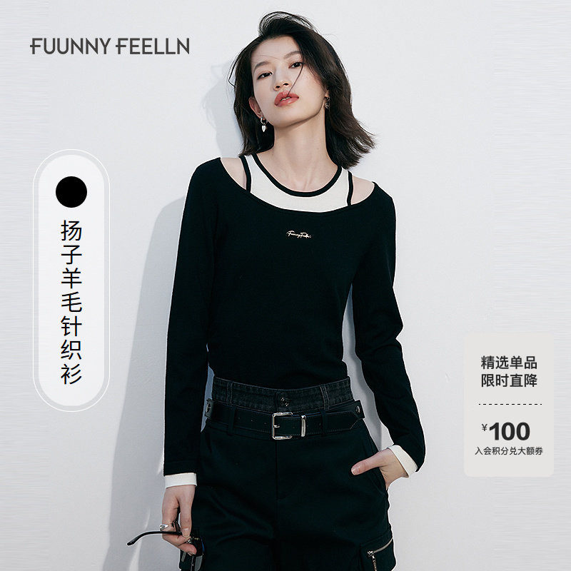 【扬子羊毛】FF仿佛2025年春新款撞色假两件套头薄款低圆领针织衫,女装/女士精品,毛针织衫,淘宝优惠券,粉丝福利购,淘宝优惠卷