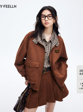 FF仿佛短外套女2026春季新款麂皮复古格纹撞色时尚百搭夹克上衣