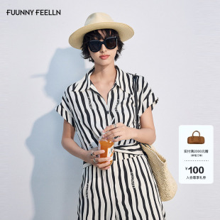 2025夏新款 FF仿佛衬衫 polo领女通勤扭结显瘦条纹上衣 猫纹系列