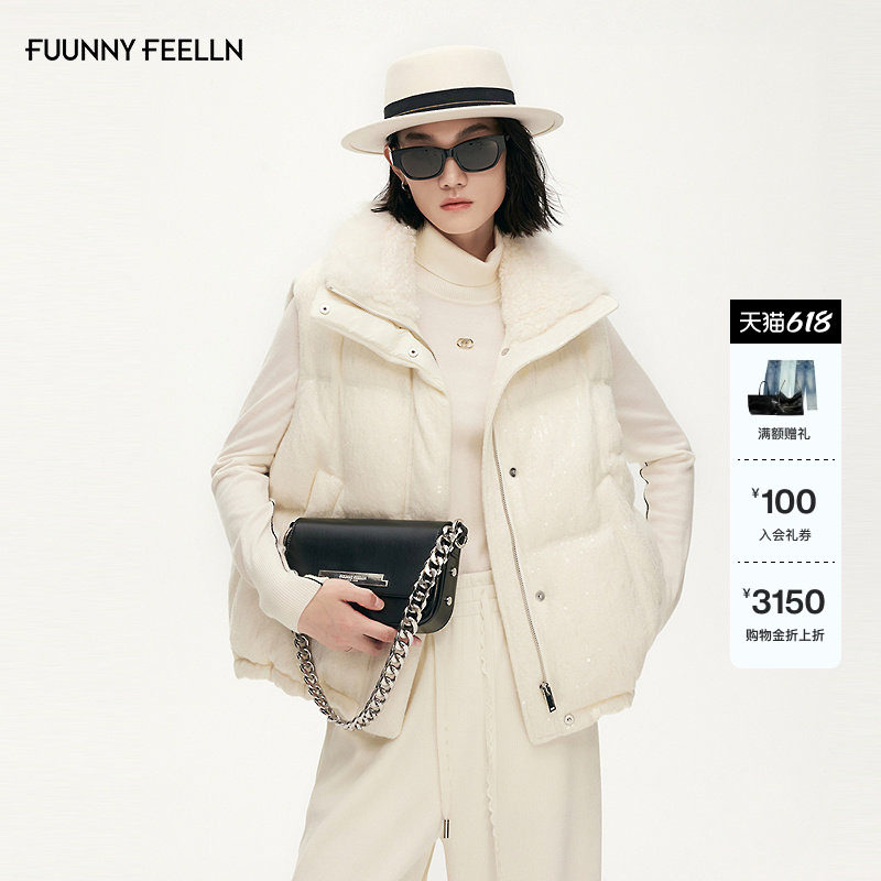 【珠片绣】FF仿佛羽绒马甲女2025冬季新款毛领加厚无袖外套