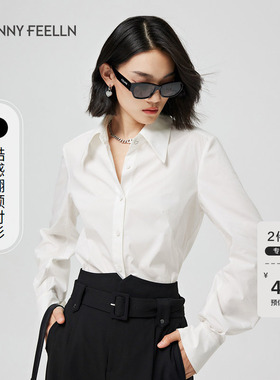 FF仿佛女装春秋季白色长袖宽松休闲通勤翻领设计感纯棉衬衫女