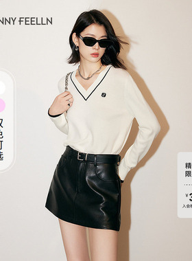 FF仿佛2025春新款白色设计感撞色V领针织套头女宽松气质通勤毛衣