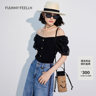 露肩泡泡袖 FF仿佛夏季 短袖 女上衣V领薄款 拼接针织衫