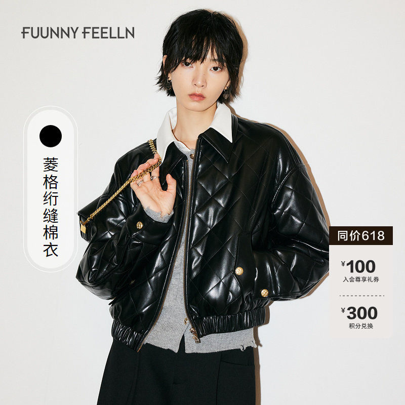 FF仿佛冬季新款黑色亮皮质感棉衣外套女上衣短款时尚