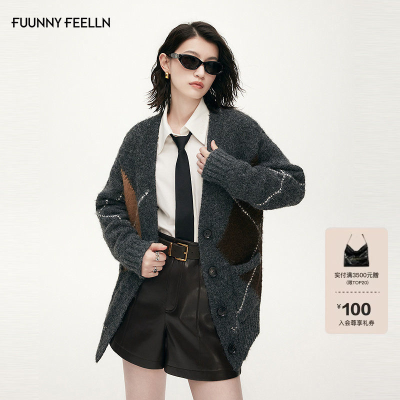 FF仿佛针织外套女2025冬季新款中长款撞色加厚羊毛毛衣针织开衫