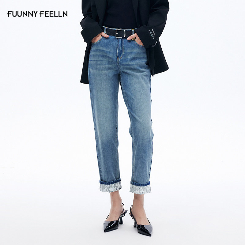 FF仿佛牛仔裤女2026春季新款蕾丝翻边九分锥形小脚修身显瘦直筒裤