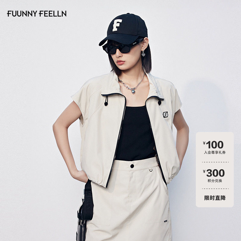 FF仿佛马甲运动风女时尚宽松薄款休闲插肩短袖拉链上衣图片