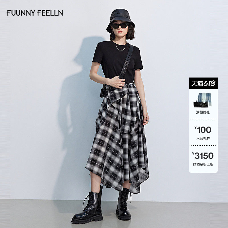 FF仿佛连衣裙2025新款收腰不规则裙摆女气质格纹拼接短袖长裙