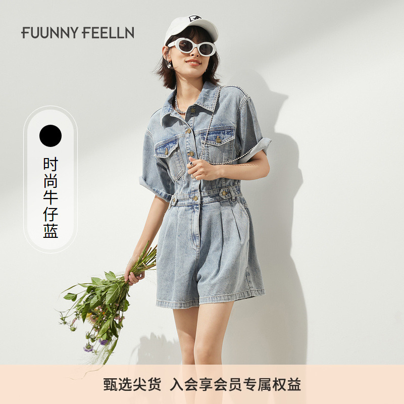 商场同款FF||仿佛夏季连体裤女工装牛仔短裤运动舒适