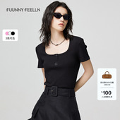 显瘦时尚 修身 休闲设计感上衣 黑色U领女短袖 FF仿佛T恤2025夏季