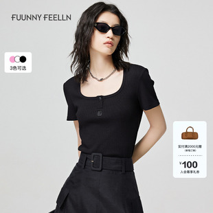 显瘦时尚 修身 休闲设计感上衣 黑色U领女短袖 FF仿佛T恤2025夏季