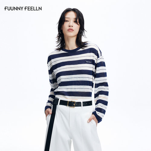 FF仿佛条纹撞色落肩针织衫女