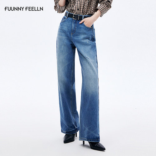 FF仿佛破洞宽松高腰阔腿牛仔裤女