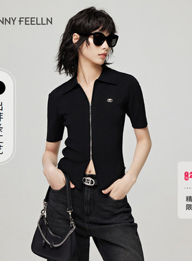 FF仿佛2025年秋季黑色针织衫女翻领短袖修身显瘦薄款