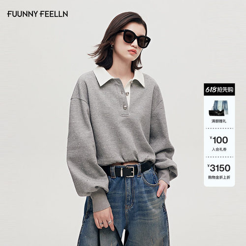 FF仿佛烫钻灯笼袖落肩polo领卫衣