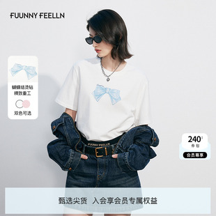 T恤上衣女 FF仿佛2025年春季 新款 立体蝴蝶结烫钻经典 小圆领短袖