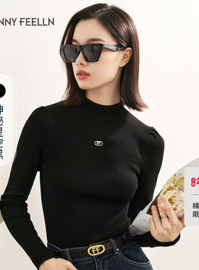 商场同款FF||仿佛冬圆领黑色羊毛衫女针织打底衫薄款