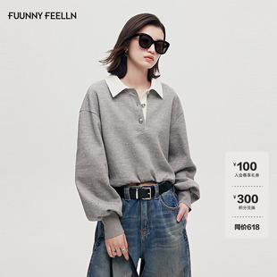 FF仿佛卫衣烫钻灯笼袖落肩polo领女2025秋季新款假两件长袖上衣