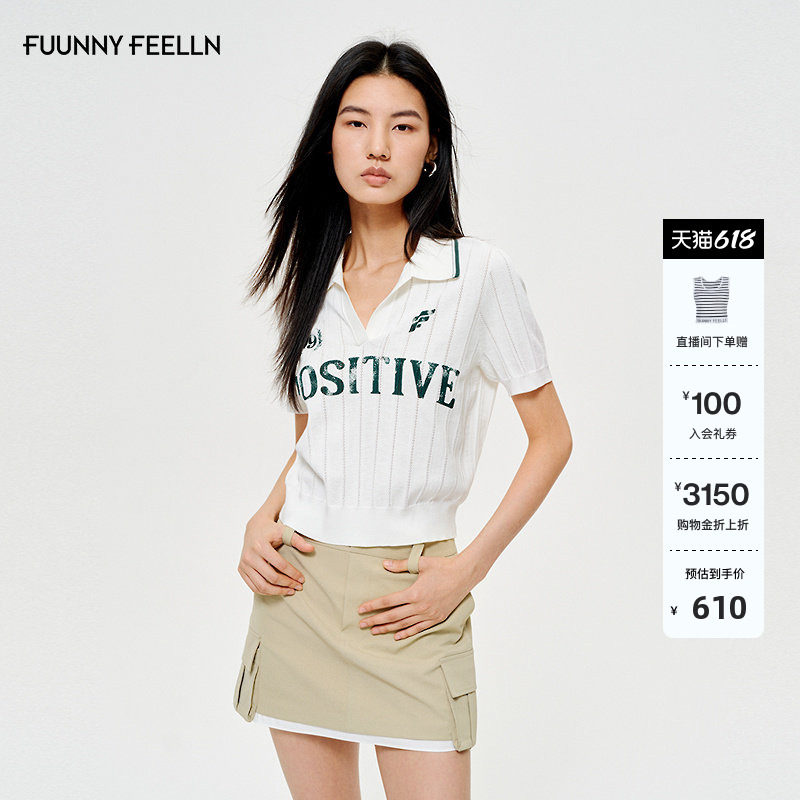 FF仿佛针织衫女2026夏季新款美式图案轻透polo衫镂空肌理短袖T恤