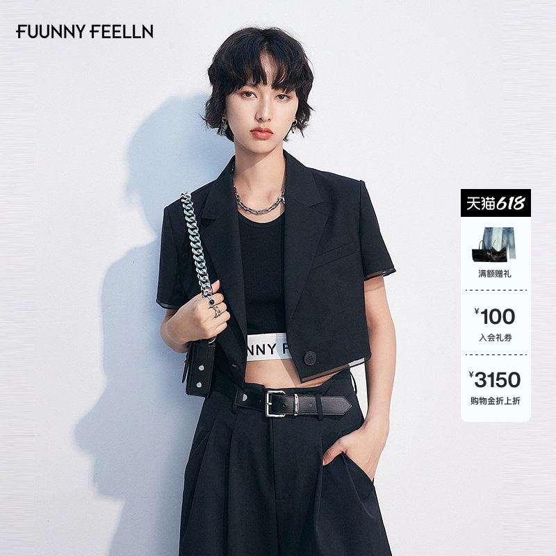 FF仿佛西装2025年夏新款黑色时尚通勤气质女上衣短款短袖显瘦外套