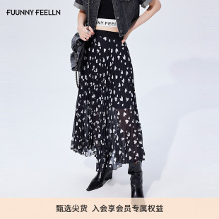 FF仿佛半身裙2025夏季 垂感不规则百褶裙爱心波点气质高腰伞裙 新款