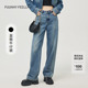 折扣新降 FF仿佛春秋季 蓝色复古牛仔裤 女阔腿高腰直筒薄款 宽松