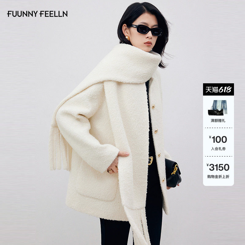 【围巾领】FF仿佛毛呢大衣女2025冬新款加厚保暖呢子外套外搭