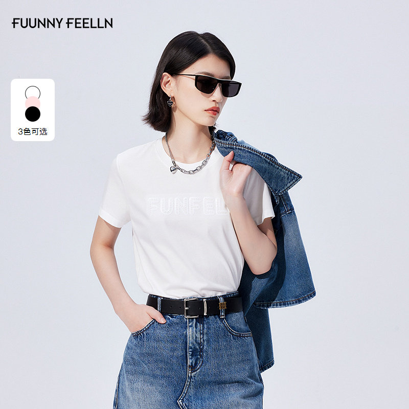 FF仿佛T恤2025年夏季新款100棉基础款正肩圆领绣花珠片设计感短袖