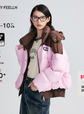 FF仿佛冬季新款撞色面包短款立领羽绒服女多巴胺风