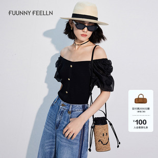 露肩泡泡袖 FF仿佛夏季 短袖 女上衣V领薄款 拼接针织衫