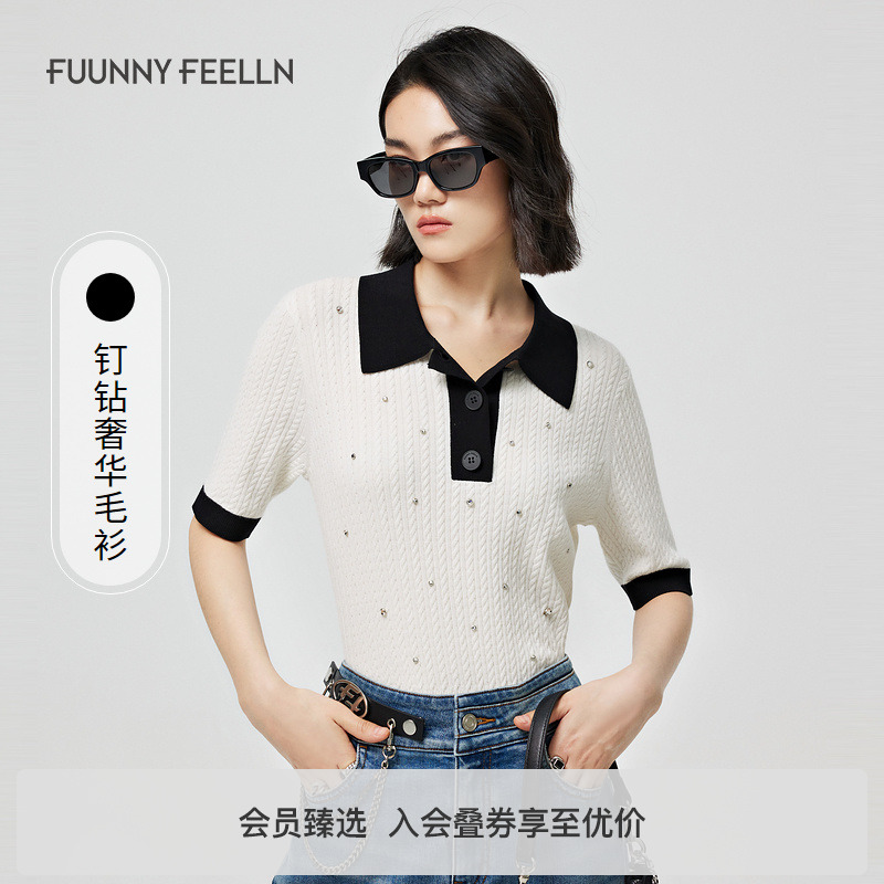 FF仿佛夏季翻领针织衫女撞色短袖修身显瘦薄款设计感